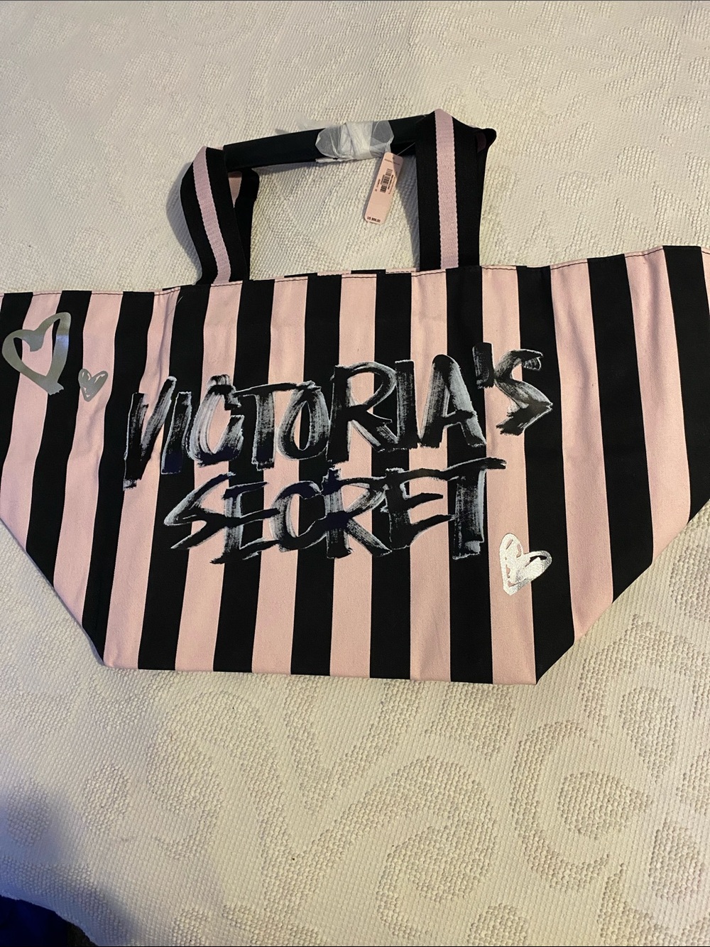 Victoria's Secret Pink and Black Stripe Logo Large Tote